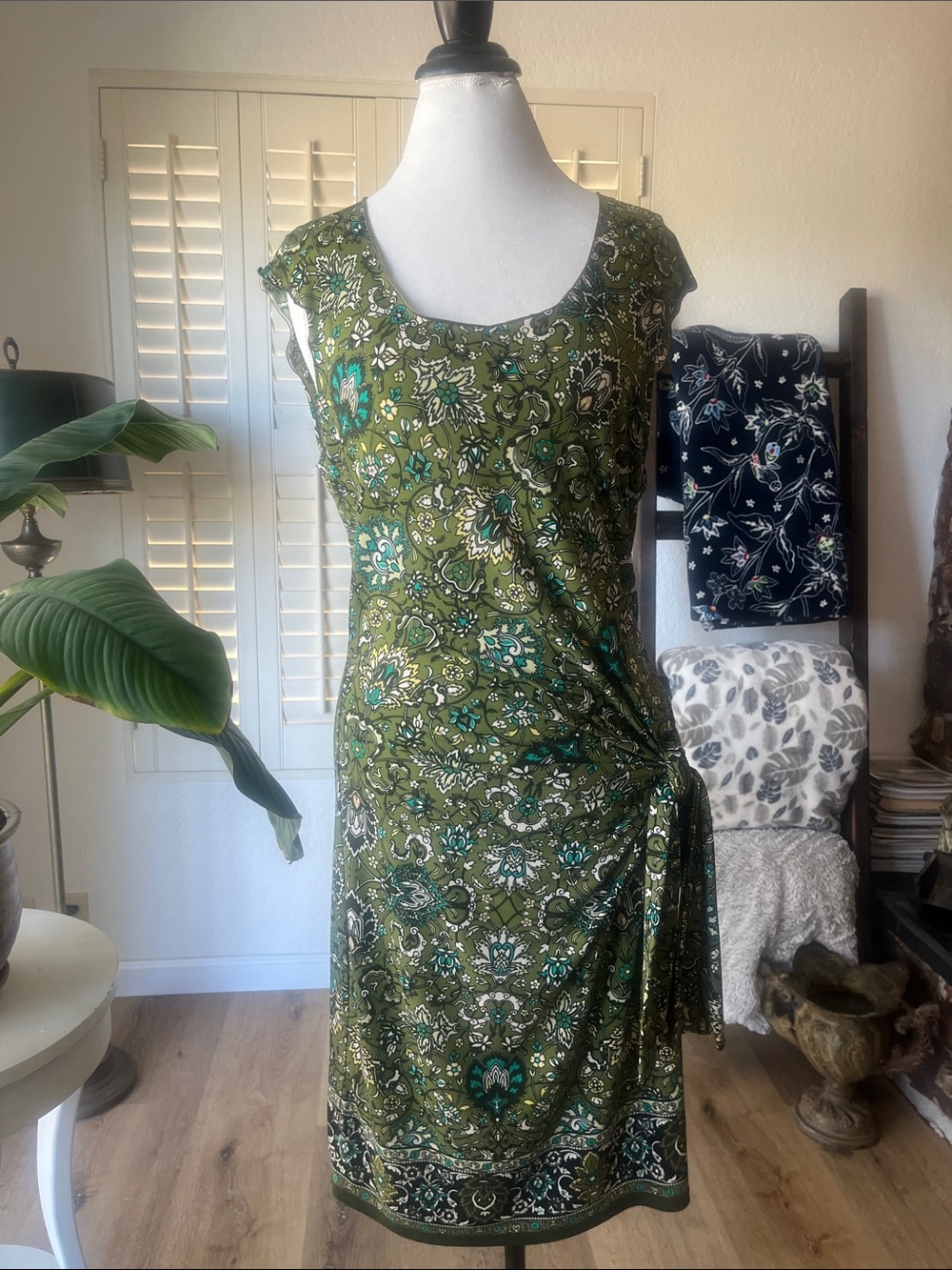 Max Studio Olive Green Floral Midi Dress with Teal Accents